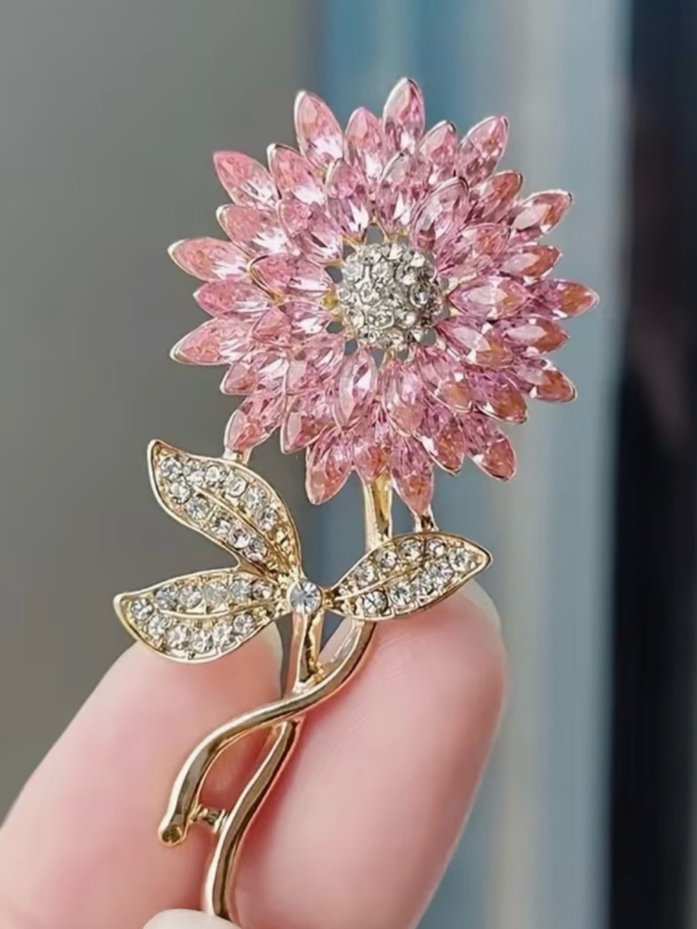 Stunning Pink Crystal Flower Brooch Pink Dahlia Flower Rhinestone Pin Daisy